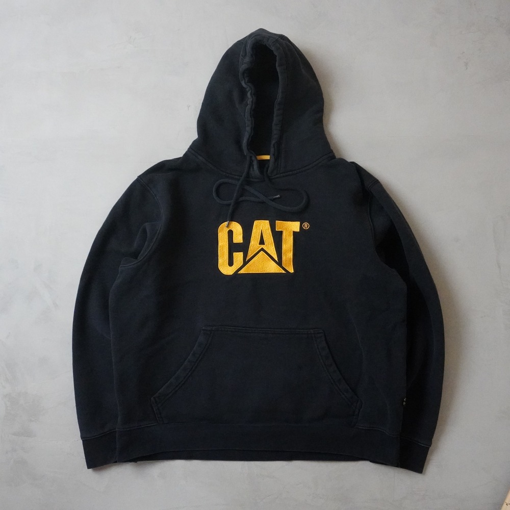 CAT Caterpillar Hoodie Mens XL Black Yellow Embroidered Logo Y2K Workwear 8451